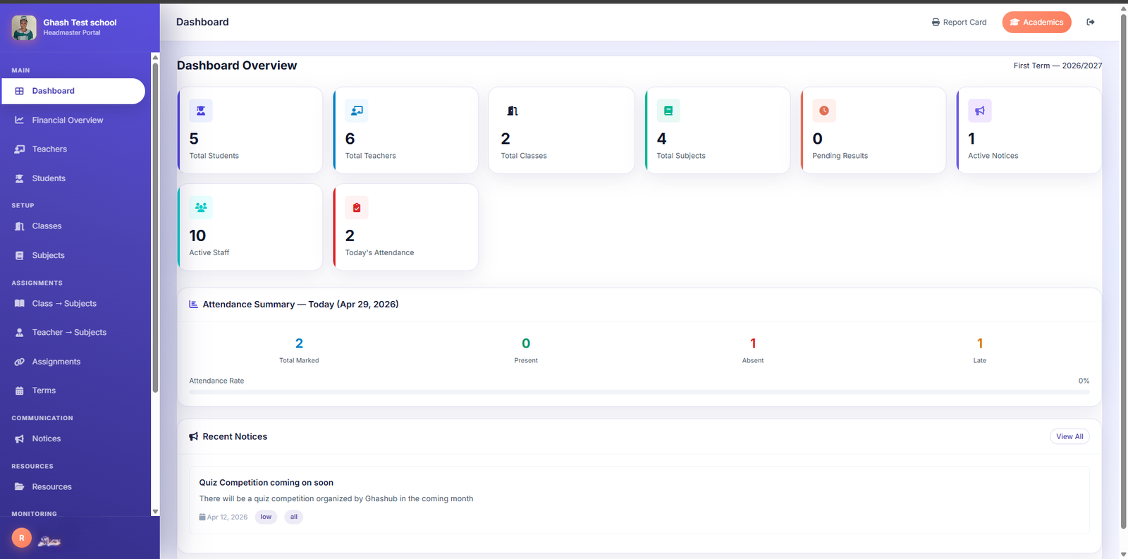 Classic School dashboard preview