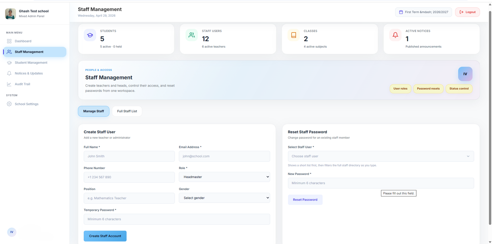 Modern School dashboard preview